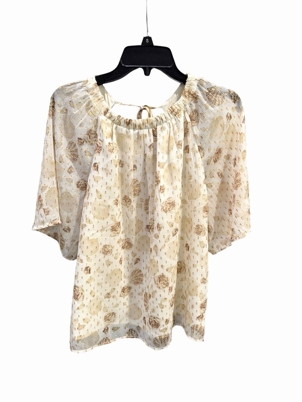 Ann Taylor Loft Ivory Sheer Lined Blouse SZ L Seashells Flutter Sleeves